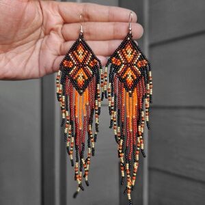 Boheme Beaded Fringe Earrings in Black, Orange, Red and Gold